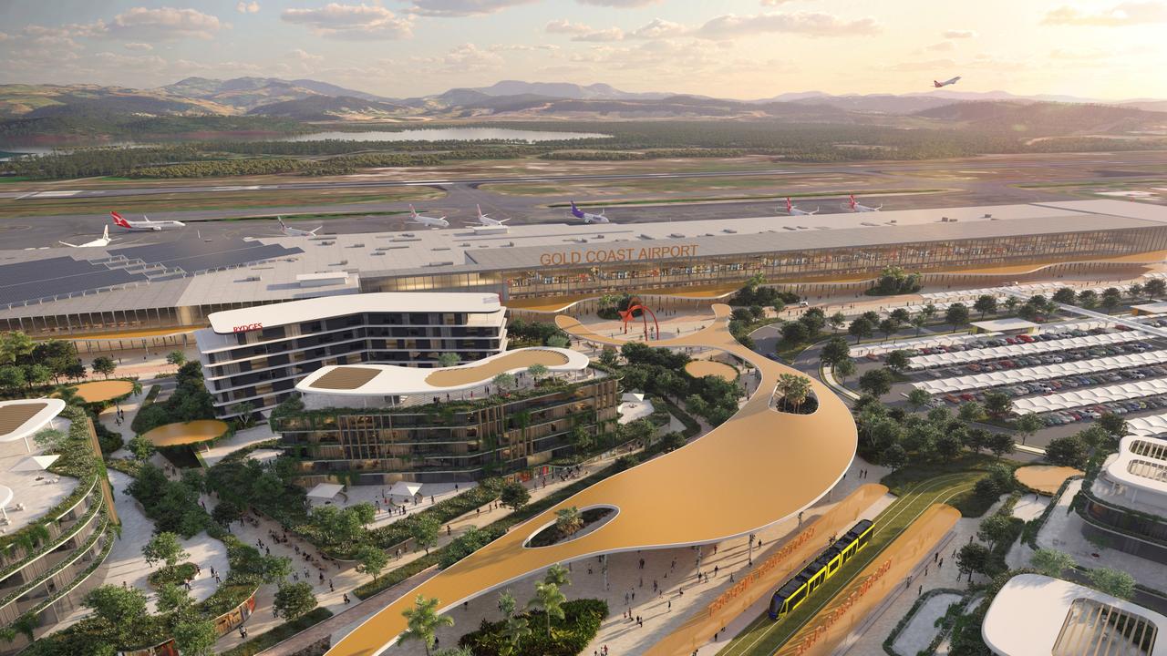 Artist impression of the Gold Coast Airport masterplan, which features new hotels, a light rail connection and retail precinct. Picture: Supplied