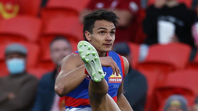 Bulldog Jamarra Ugle-Hagan kicks his first goal in the AFL. Picture: Michael Klein