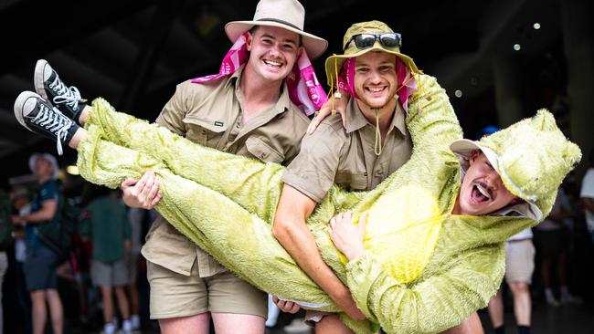 Crocodile hunters Mitch Evans and Deacon Todd with croc Jack Weeden at the SCG. Picture: Tom Parrish