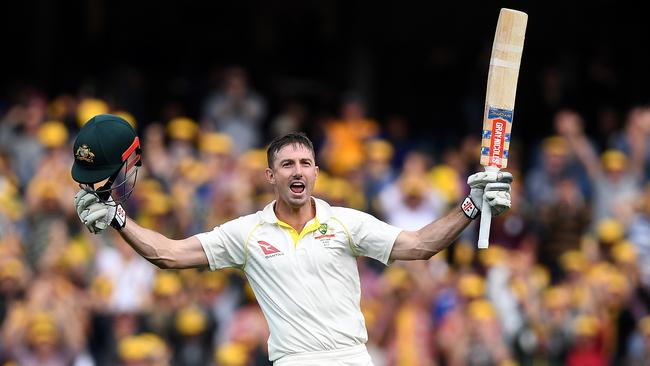 Australian batsman Shaun Marsh celebrates after scoring a century on Day 2 of the Second Test match between Australia and England at the Adelaide Oval in Adelaide, Sunday, December 3, 2017. (AAP Image/Dave Hunt) NO ARCHIVING, EDITORIAL USE ONLY, IMAGES TO BE USED FOR NEWS REPORTING PURPOSES ONLY, NO COMMERCIAL USE WHATSOEVER, NO USE IN BOOKS WITHOUT PRIOR WRITTEN CONSENT FROM AAP