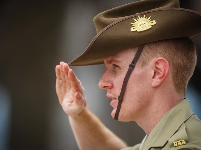 DARWIN, AUSTRALIA- NewsWire Photos FEBRUARY 19, 2021:  An ADF Digger during the Bombing of Darwin commemoration of the 79th Anniversary of the raid on the city by the Japanese on the 19th of February 1942.Picture: NCA NewsWire / Glenn Campbell