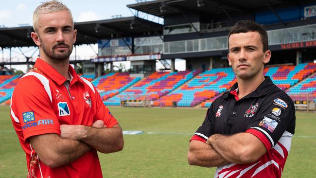 Waratah vice-captain Dylan Collis and Districts captain Dean Staunton in the lead up to the 2022-23 NTFL grand final. Picture: Pema Tamang Pakhrin