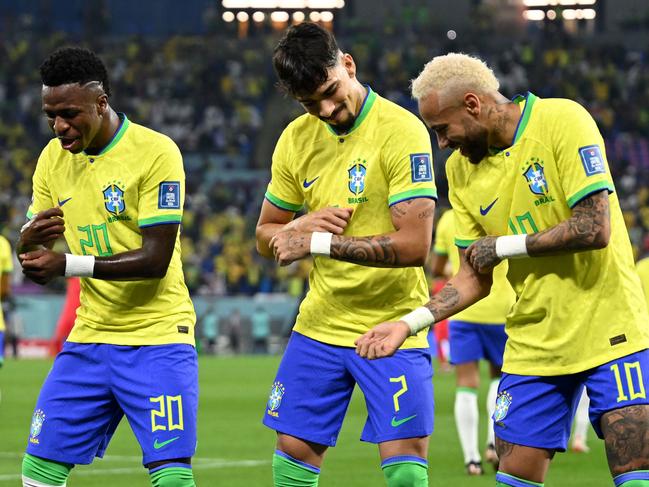 Brazil's forward #20 Vinicius Junior celebrates scoring his team's first goal. Picture: Manan Vatsyayana/AFP