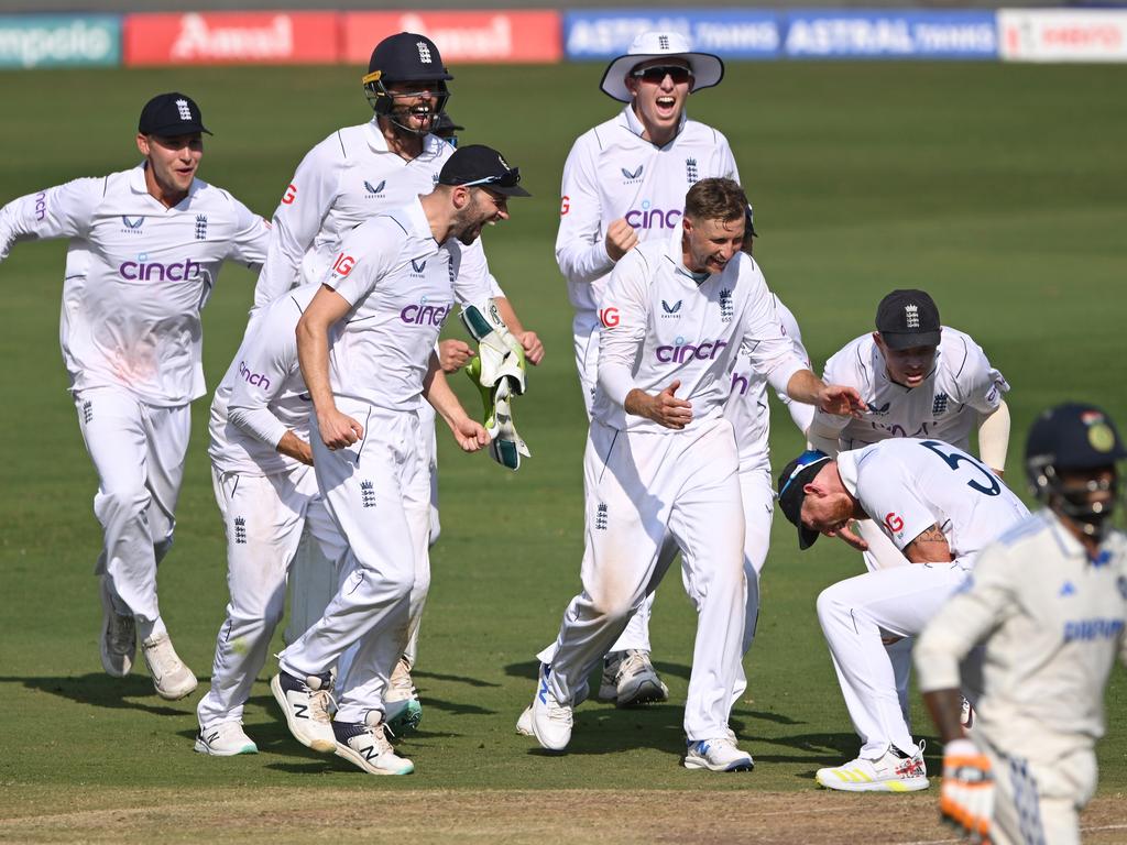 England captain Ben Stokes celebrates with teammates after his throw had run out India batsman Ravindra Jadeja. Picture: Stu Forster/Getty Images