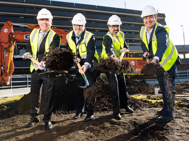 Accor’s Simon McGrath, Melbourne Airport’s Linc Horton, Victorian MP Martin Pakula and Built’s Ross Walker breaking ground at the site of the new airport hotel.