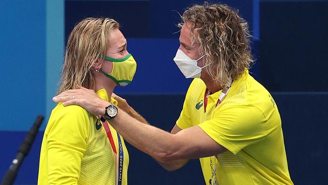 Ariarne Titmus celebrates her gold medal in the 200m freestyle with coach Dean Boxall at the Tokyo Olympics. Picture: Maddie Meyer/Getty Images