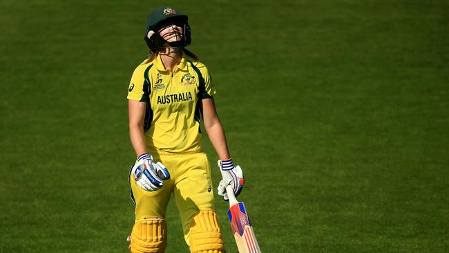 Ellyse Perry reacts after being dismissed against New Zealand.