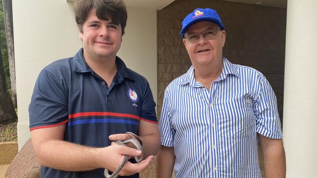 Katherine High School teacher Thomas Hennessey and Oenpelli python researcher Dr Gavin Bedford. Picture: Sierra Haigh