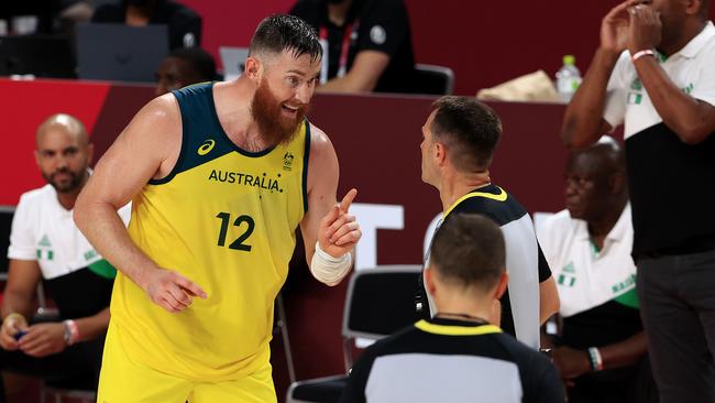 Aron Baynes has words with the officials. Picture: Adam Head