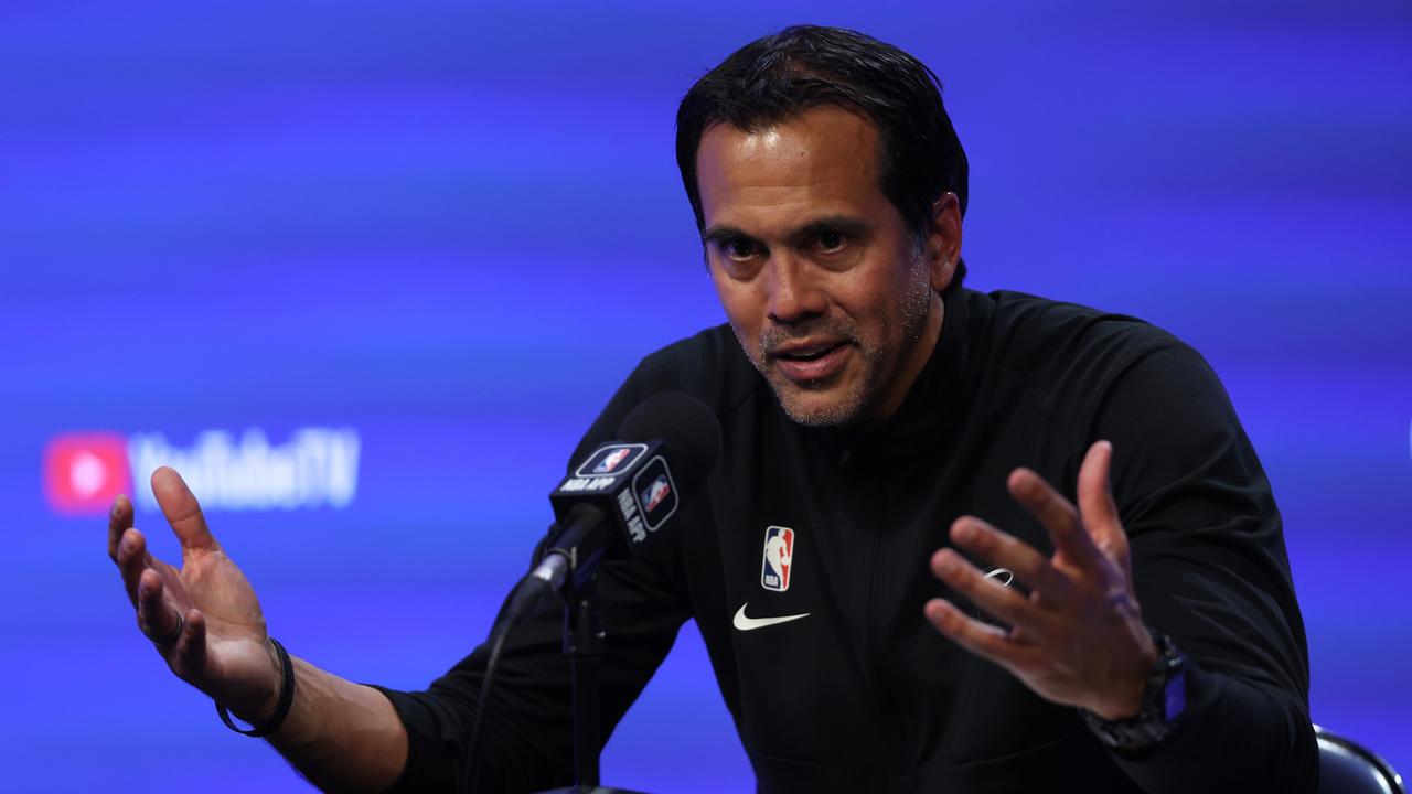 DENVER, COLORADO - JUNE 04: Head coach Erik Spoelstra of the Miami Heat speaks to media after a 111-108 victory against the Denver Nuggets in Game Two of the 2023 NBA Finals at Ball Arena on June 04, 2023 in Denver, Colorado. NOTE TO USER: User expressly acknowledges and agrees that, by downloading and or using this photograph, User is consenting to the terms and conditions of the Getty Images License Agreement. (Photo by Matthew Stockman/Getty Images)