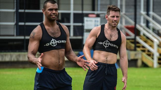 Kurtley Beale and Bernard Foley during training at the new NSW Rugby headquarters. Picture: Jamie Conroy/NSW Rugby