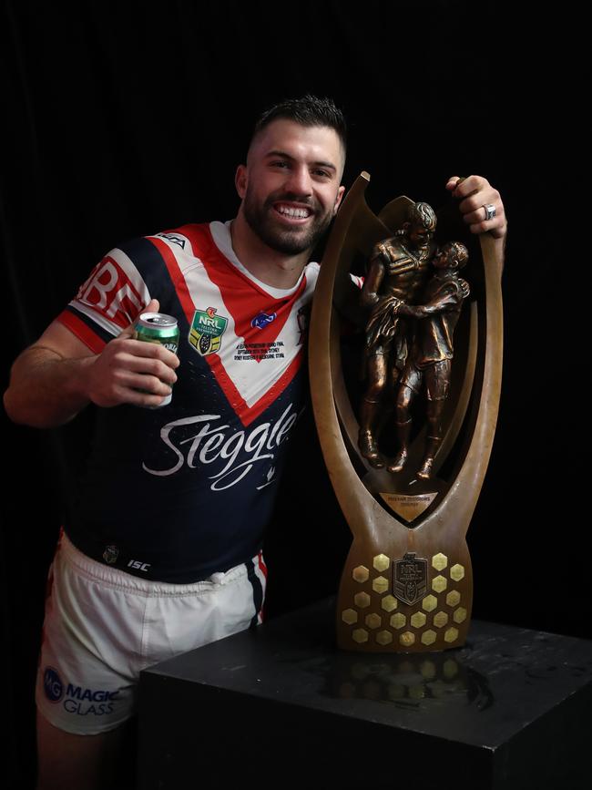 Roosters James Tedesco with the Premiership trophy after the 2018 NRL Grand Final. Picture: Brett Costello