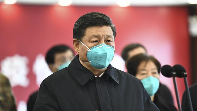 Chinese President Xi Jinping talks by video with patients and medical workers at the Huoshenshan Hospital in Wuhan. Picture: Xie Huanchi/Xinhua via AP.