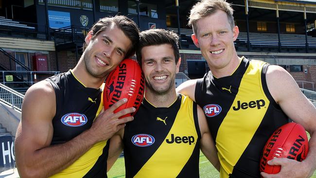 Exclusive photograph Herald Sun #att Shaun Phillips Richmond Leadership Group 2017 Left to Right Alex Rance Captain Trent Cotchin &amp; Jack Riewoldt Picture: Wayne Ludbey