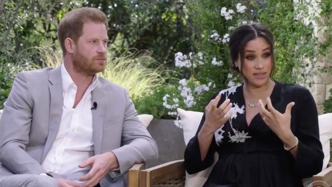 Harry and Meghan seen during interview with Oprah Winfrey. Picture: CBS