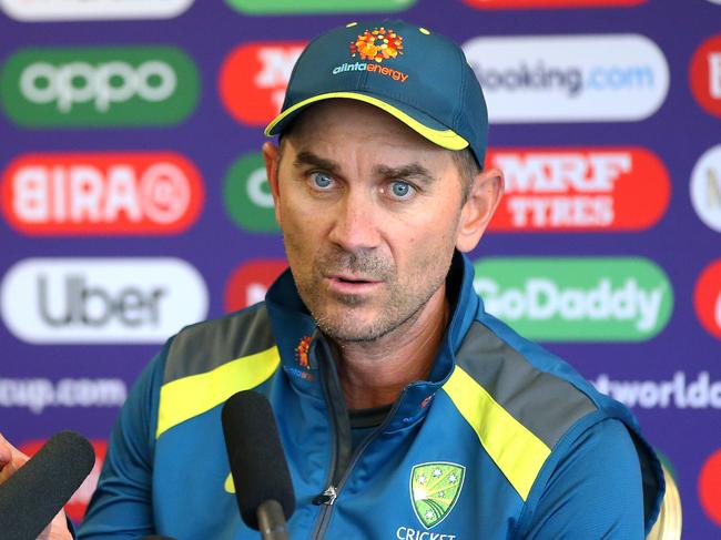 MANCHESTER, ENGLAND - JULY 04:  Justin Langer the coach of Australia faces the media during a press conference at Old Trafford during the ICC Cricket World Cup on July 04, 2019 in Manchester, England. (Photo by Alex Livesey/Getty Images)