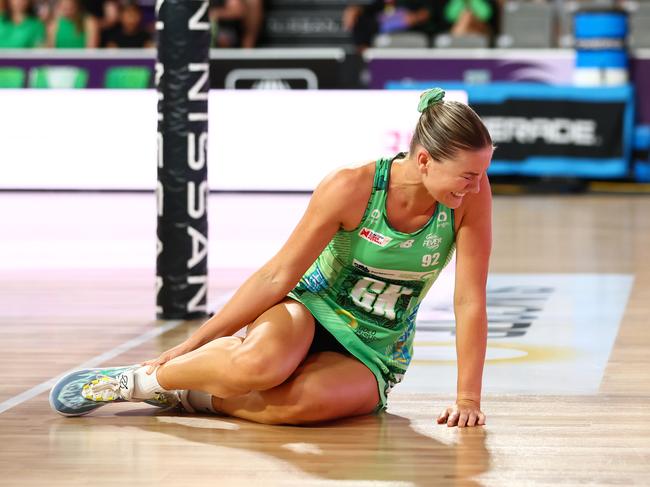 Fever captain Courtney Bruce went down with injury against the Firebirds. Picture: Chris Hyde/Getty Images