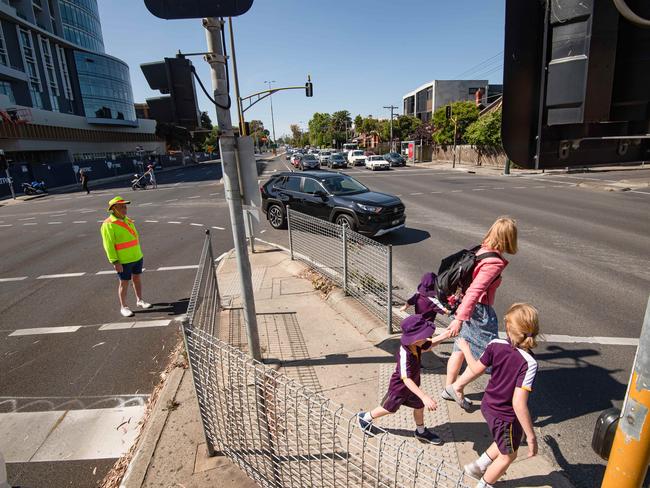 Mya Cubitt with her kids Theodore, 4, Sebastian, 4 and Lily, 8, at the notorious crossing. Picture: Jason Edwards