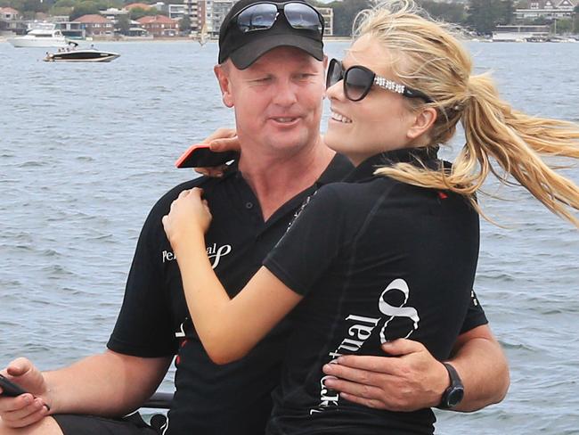 Erin Molan thanks skipper Anthony Bell after the Big Boat Challenge on Sydney Harbour. Picture: Mark Evans