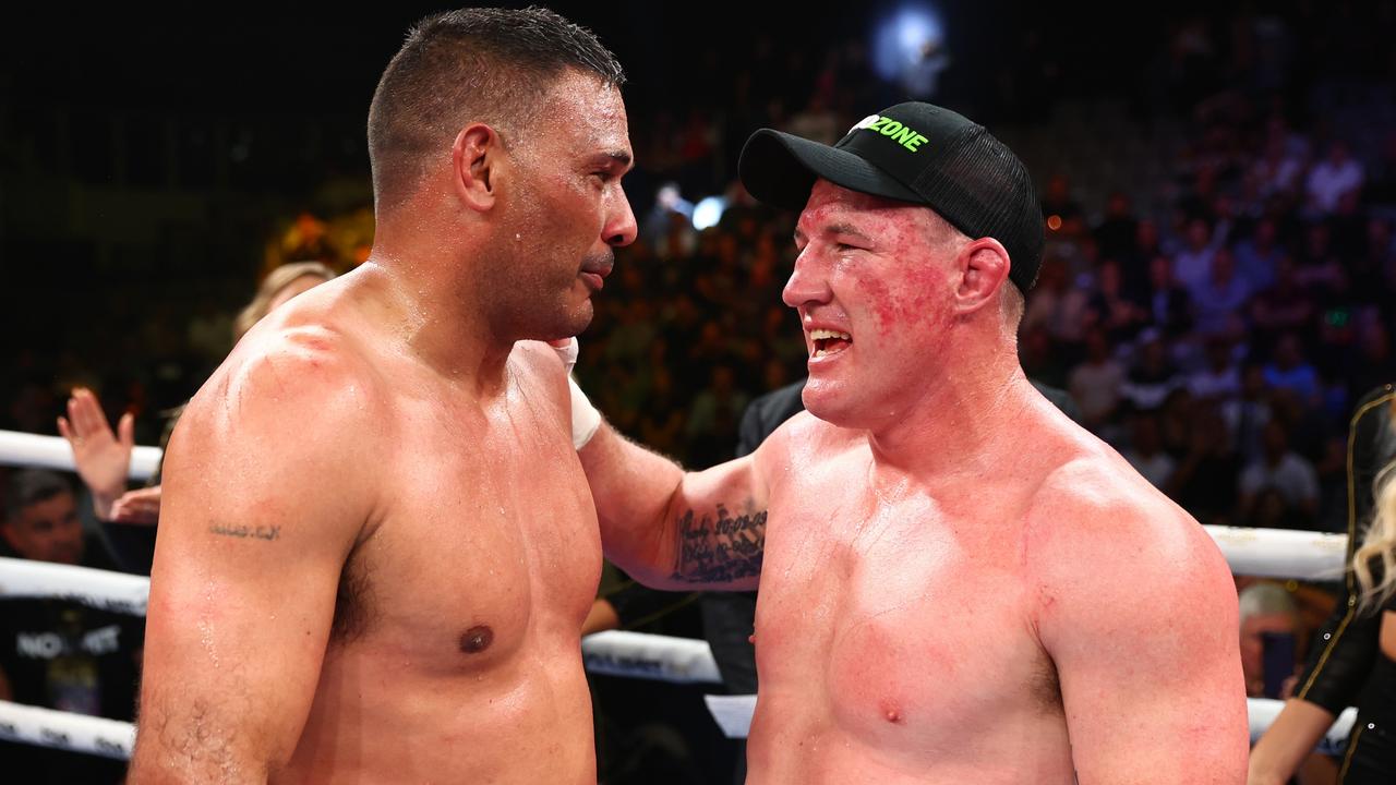 BRISBANE, AUSTRALIA - SEPTEMBER 15: Paul Gallen and after Justin Hodges after their bout at Nissan Arena on September 15, 2022 in Brisbane, Australia. (Photo by Chris Hyde/Getty Images)