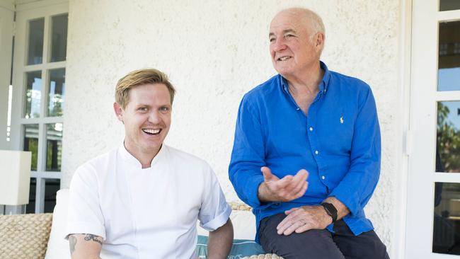 Rick Stein and his former apprentice Mitchell Turner who is the head chef at the new Rick Stein restaurant in Port Stephens. Picture: Darren Leigh Roberts