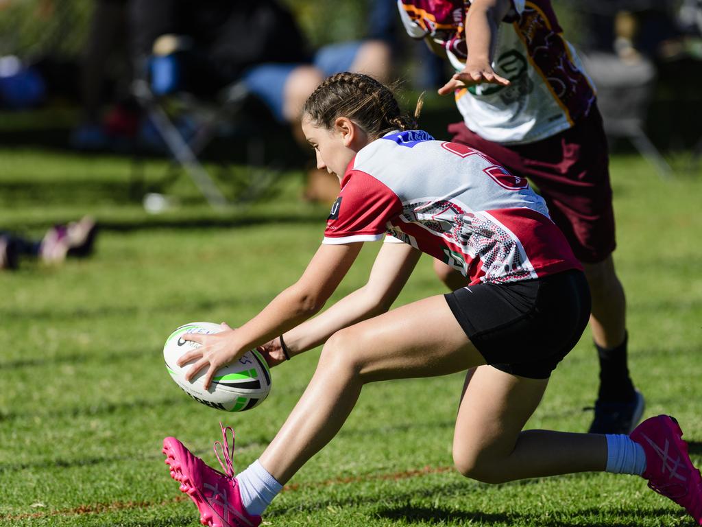 Addison Finnie gets a try for Bunkers Hill State School in the inaugural Primary Interschools Reconciliation Touch Carnival hosted by Glenvale State School, Wednesday, May 28, 2025. Picture: Kevin Farmer