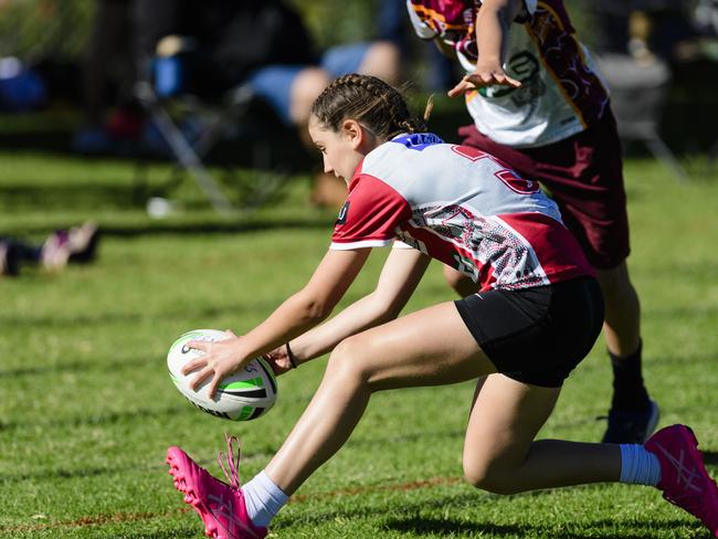 Addison Finnie gets a try for Bunkers Hill State School in the inaugural Primary Interschools Reconciliation Touch Carnival hosted by Glenvale State School, Wednesday, May 28, 2025. Picture: Kevin Farmer
