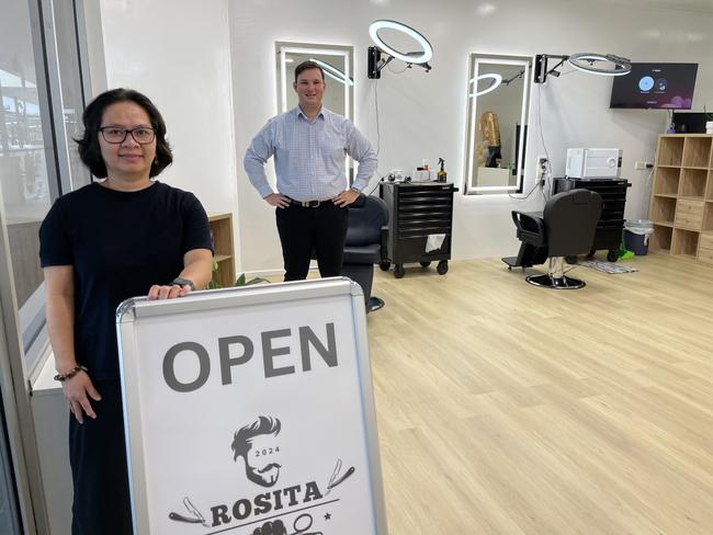 Rosita Barbershop owner Rosita Ballada secured a lease at Crestbrook Plaza, with help from Colliers Townsville leasing executive Reagan Stokley. Picture: Leighton Smith.