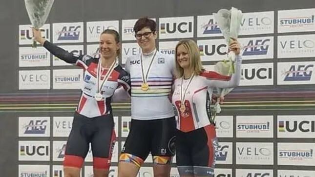 Transgender athlete Rachel McKinnon won gold in the women’s 2018 UCI Masters track championships ahead of Carolien van Herrikhuyzen and Jennifer Wagner. Picture: Supplied