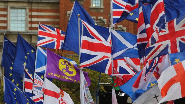 EU and Union flags fly outside the Houses of Parliament in central London. Picture: AFP