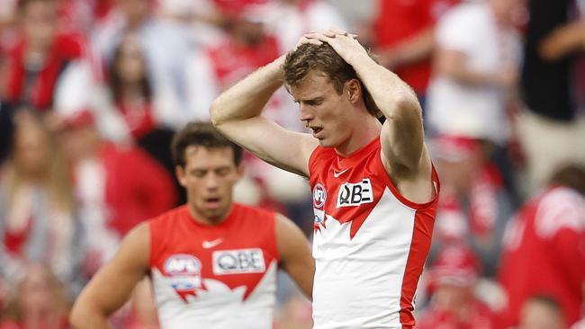 Sydney's Nick Blakey dejected after the final siren during the 2024 AFL Grand Final between the Sydney Swans and Brisbane Lions at the MCG on September 28, 2024. Photo by Phil Hillyard(Image Supplied for Editorial Use only - **NO ON SALES** - Â©Phil Hillyard )