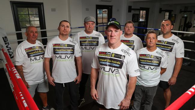 The tight-knit crew that have transformed Paul Gallen from novelty boxer to a real heavyweight contender, in Cronulla, today. Team Gallen, Pete the Greek, Pete Mitrevski, Graham Shaw, Paul Gallen, Scott Hogan, Brian Wilmott, and Caine Janakievski. Picture: Justin Lloyd.