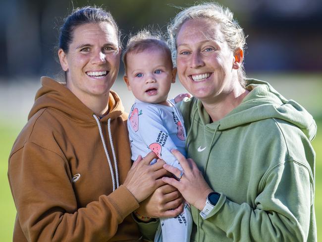 Chelsea Randall and Marijana Rajcic with their 6 month old baby Tomi who will have their first mothers day.Tuesday April,30,2024.Picture Mark Brake