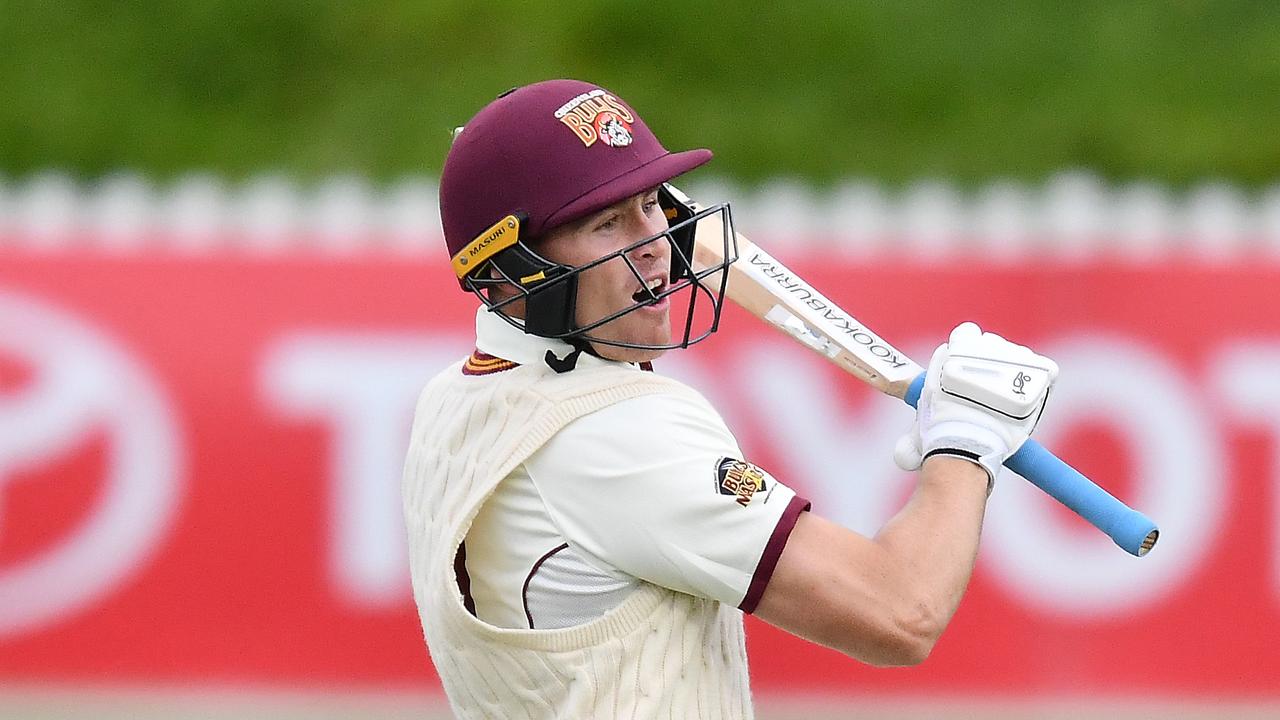 Marnus Labuschagne of the Queensland Bulls celebrates bringing up his century during day one of the Sheffield Shield match against NSW.
