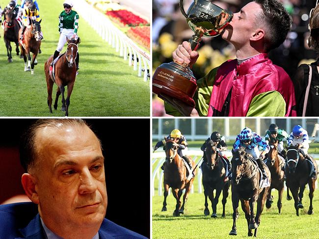 Some of the key moments of 2024 (clockwise from top left): Via Sistina's Cox Plate romp; Jockey Robbie Dolan kisses the Melbourne Cup as Knight's Choice's co-trainer Sheila Laxon looks on; Pride Of Jenni leaves the Queen Elizabeth field in her wake; Racing NSW CEO Peter V'landys fronts an inquiry into the proposal to sell off Rosehill racecourse.