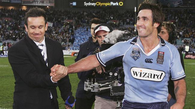 back in the day... Andrew Johns is congratulated by his brother after winning match two of the 2005 Origin series. Picture: Getty Images