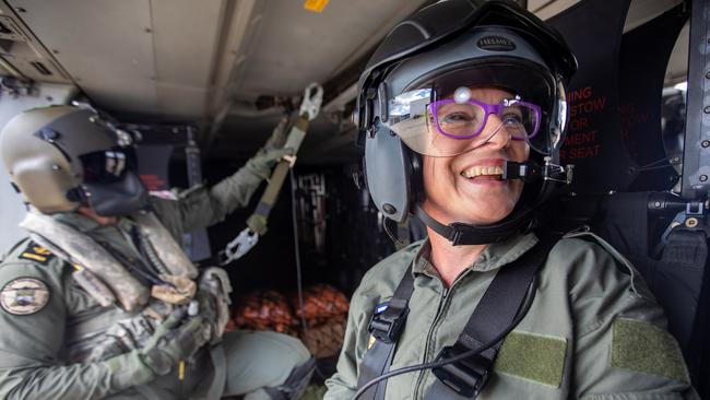 Shoalhaven City Council mayor Amanda Findley on a Navy helicopter following the Black Summer bushfires. Picture: Supplied