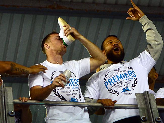 James Maloney drinks a beer out of his shoe at the Sharks’ after party. Photo Jeremy Piper