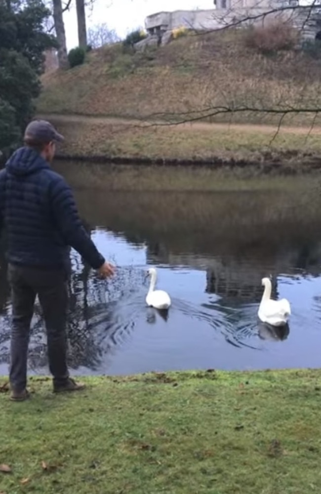 The Duke feeding ducks outside his former UK home. Picture: Netflix