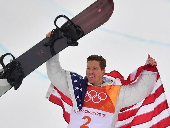 Shaun White celebrates on the podium in 2018 in PyeongChang. Picture: AFP