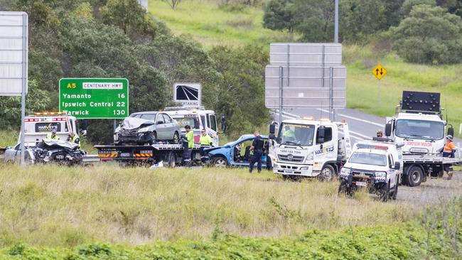 The crash on the Centenary Highway that killed two men. Picture: Richard Walker