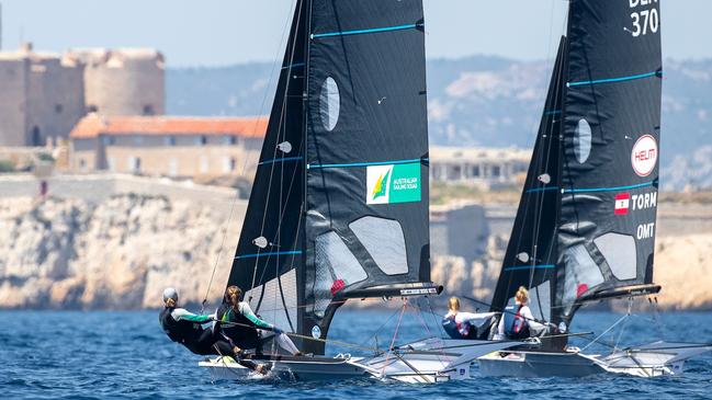 Olivia Price and Evie Haseldine at the Paris 2024 Olympic Sailing Test Event in Marseilles. Pictures: World Sailing.