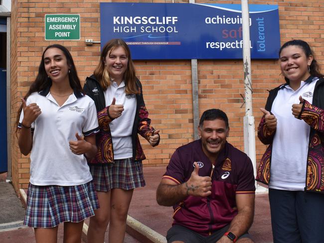 Holly Wells, Macey Anderson, Justin Hodges, Annie-Mae Wales at the launch Kingscliff launch of the 2021 Beyond the Broncos Girls Academy.