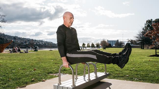 Former Tasmanian Premier Peter Gutwein has moved into an extensive fitness regimen after leaving politics. Seen here at a Launceston exercise park. Picture: Melanie Kate/Men's Health magazine