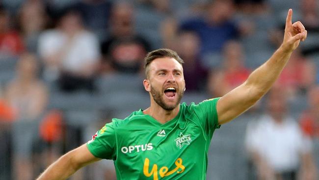 Jackson Coleman celebrates one of his three wickets against Perth.