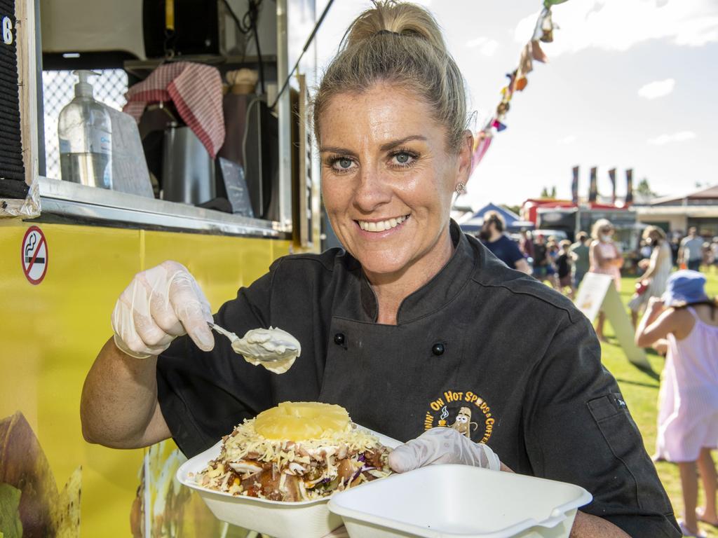 Leisa Bowtell from Runnin on hot spuds and coffee at the Toowoomba Street Food Festival at Pittsworth. Saturday, January 29, 2022. Picture: Nev Madsen.