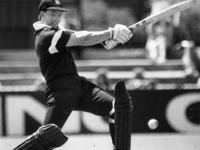 Warren Ayres square drives Joe Scuderi in a one-dayer between Victoria and South Australia in 1990.