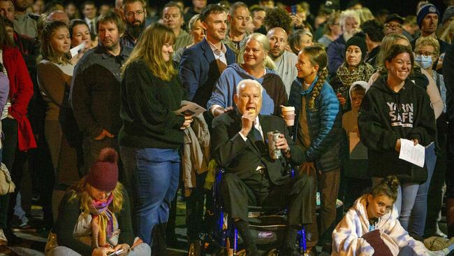 Max Lemon, who served as a brigadier in Vietnam surrounded by family – son-in-law Paul Blewitt, daughter Michelle Blewitt, granddaughter Sienna, all of Brighton Anzac Day Dawn Service in Brighton. Picture Emma Brasier