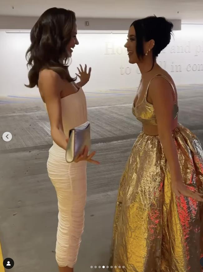 Katy Perry and Miranda Kerr behind the scenes of the G'Day USA Arts Gala. Picture: Supplied