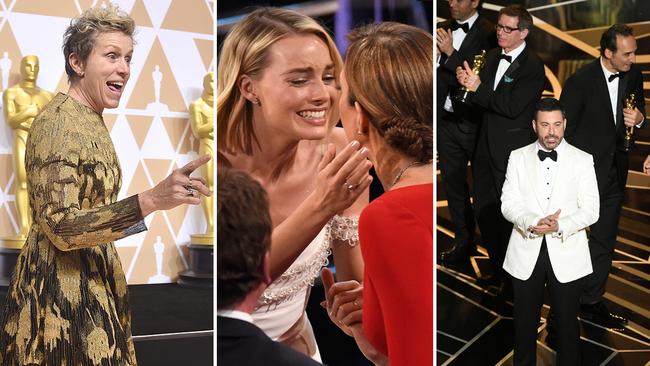 Jimmy, Margot, Allison and Frances during the 2018 Oscars ceremony. Picture: Getty